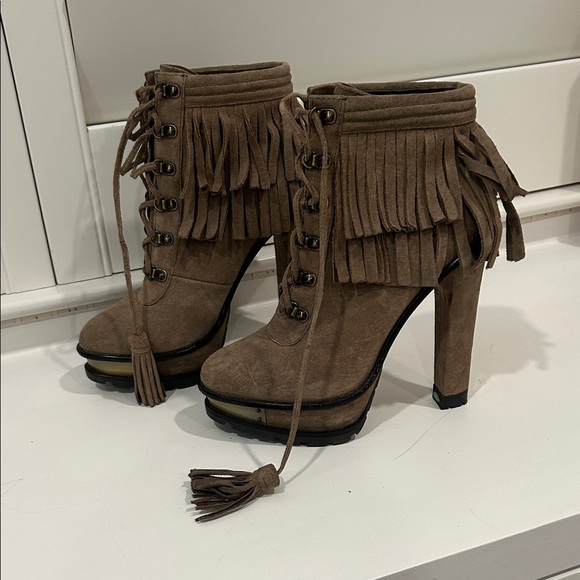 Brian Atwood Shoes - Brian Atwood Brown Fringed Heeled Boots w/ brass heel & toe plates